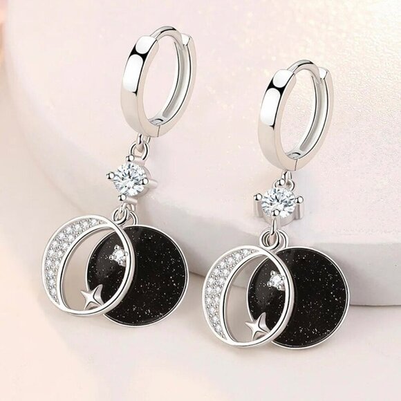 NWT Star Moon Dangle Drop Earrings S925 Sterling Silver CZ Enamel Celestial - Picture 3 of 10